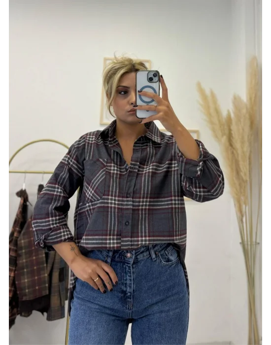 Antrasit Ekose Desenli Flanel Oversize Gömlek