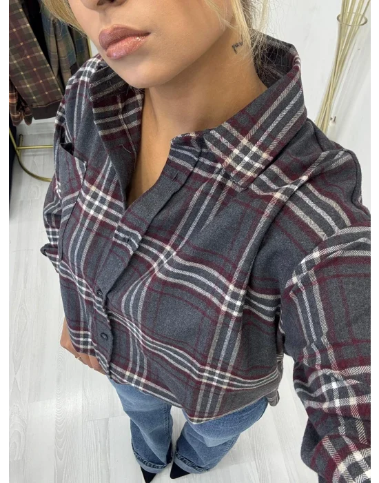 Antrasit Ekose Desenli Flanel Oversize Gömlek