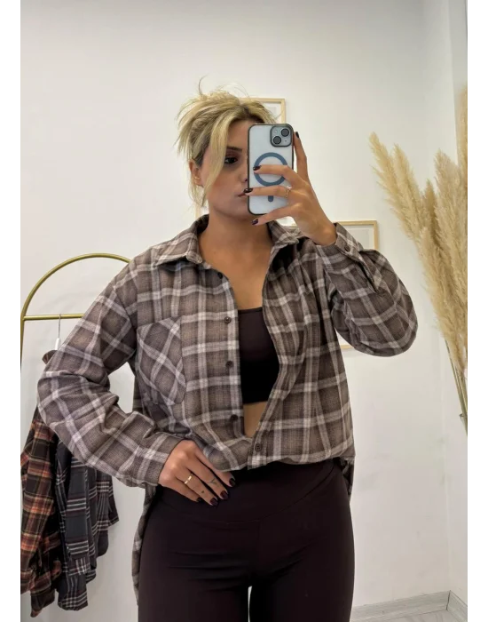Oversize Flanel Ekose Gömlek Ceket - Bej