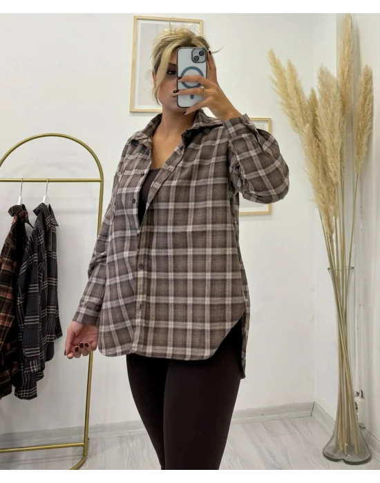 Oversize Flanel Ekose Gömlek Ceket - Bej
