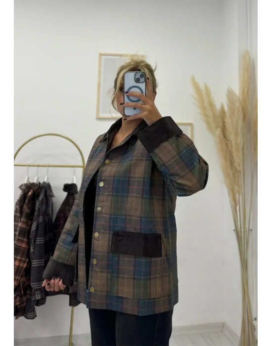 Kadife Detaylı Ekose Desenli Field Ceket