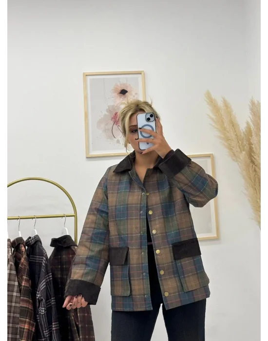 Kadife Detaylı Ekose Desenli Field Ceket