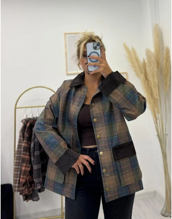 Kadife Detaylı Ekose Desenli Field Ceket