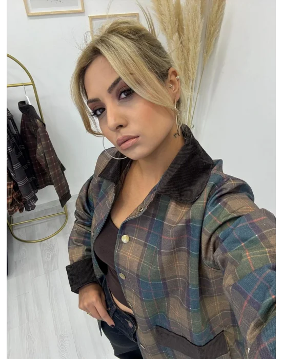 Kadife Detaylı Ekose Desenli Field Ceket