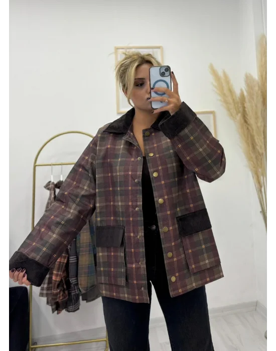 Kadife Detaylı Ekose Desenli Field Ceket