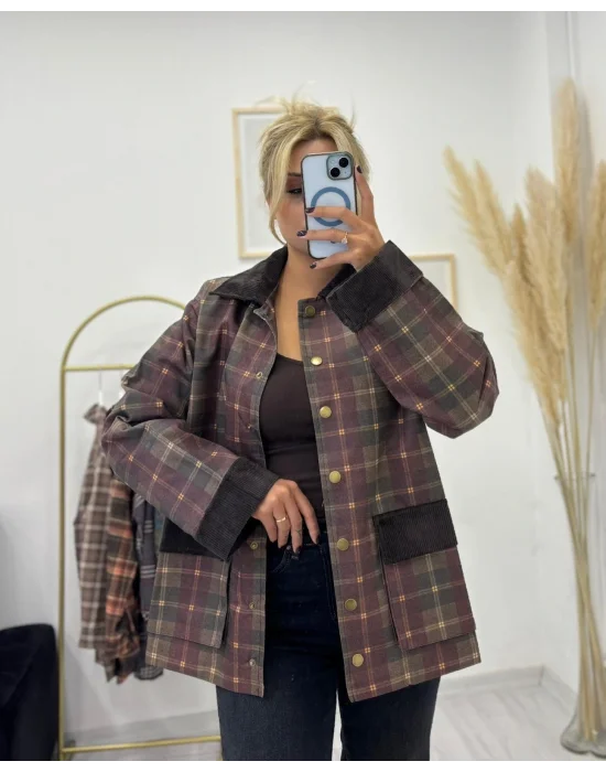 Kadife Detaylı Ekose Desenli Field Ceket