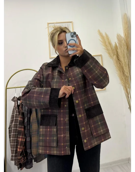 Kadife Detaylı Ekose Desenli Field Ceket