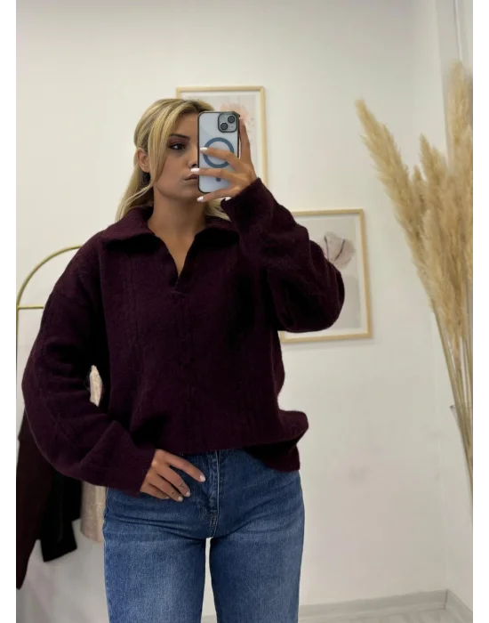 Oversize Vişne Çürüğü Tüylü Polo Triko