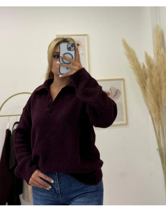 Oversize Vişne Çürüğü Tüylü Polo Triko