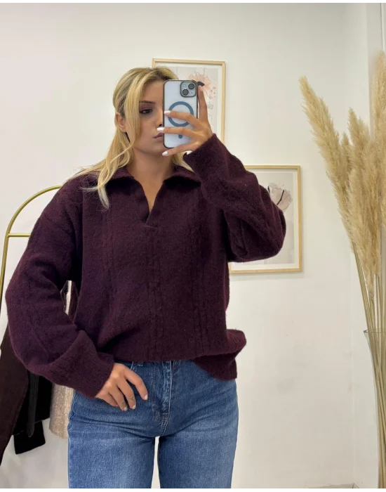 Oversize Vişne Çürüğü Tüylü Polo Triko