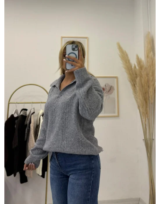 Oversize Tüylü Polo Triko - Açık Gri