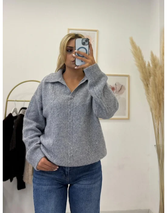 Oversize Tüylü Polo Triko - Açık Gri