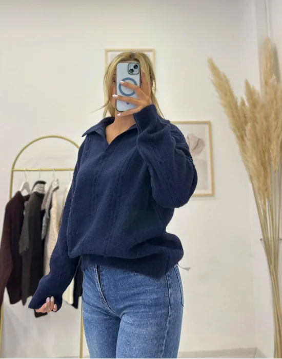 Oversize Tüylü Polo Triko - Lacivert