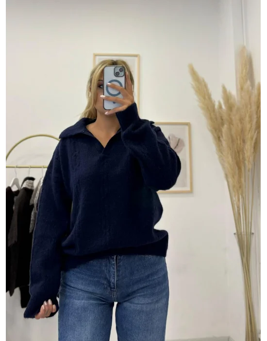 Oversize Tüylü Polo Triko - Lacivert