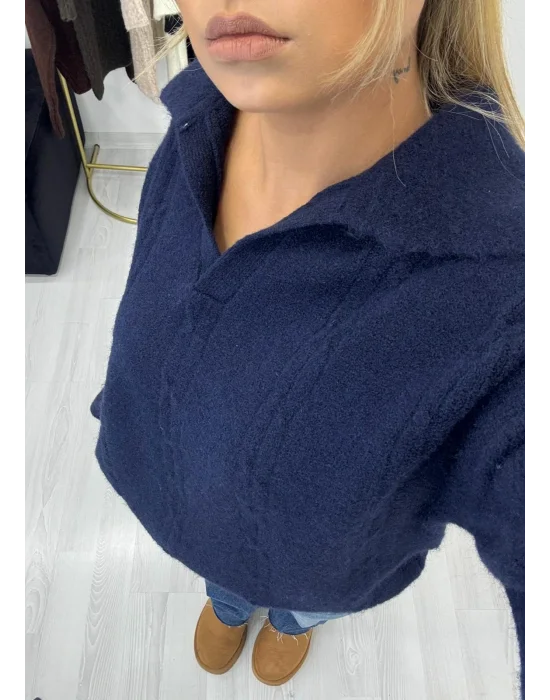 Oversize Tüylü Polo Triko - Lacivert