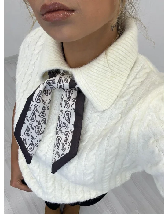 Kısa Kollu Fularlı Örgü Desenli Polo Yaka Triko - Ekru