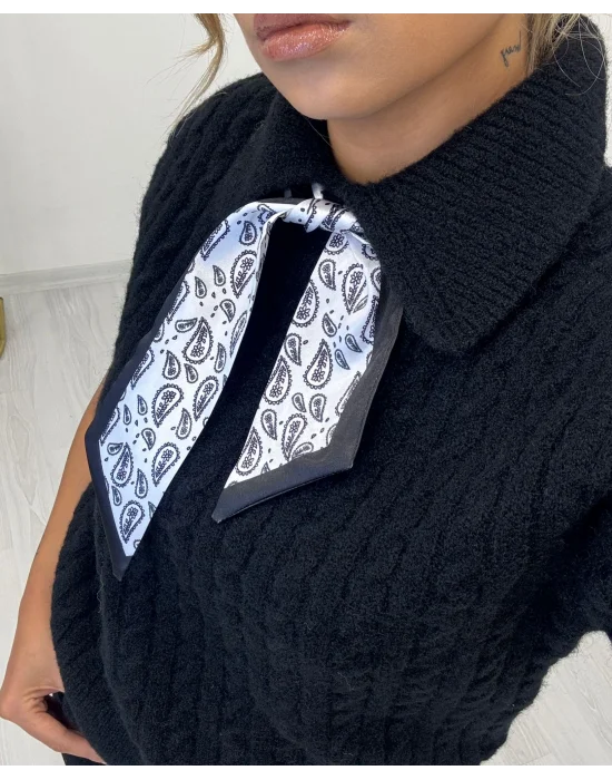 Kısa Kollu Fularlı Örgü Desenli Polo Yaka Triko - Siyah