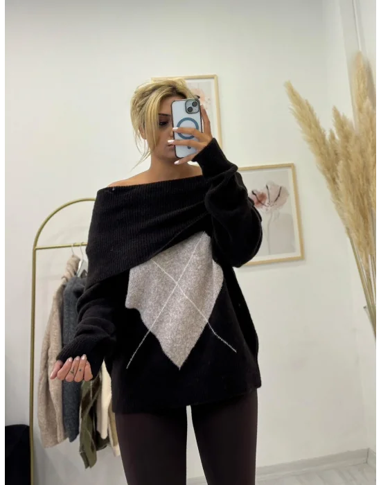 Oversize Düşük Omuzlu Baklava Desenli Triko Kazak - Koyu Kahverengi