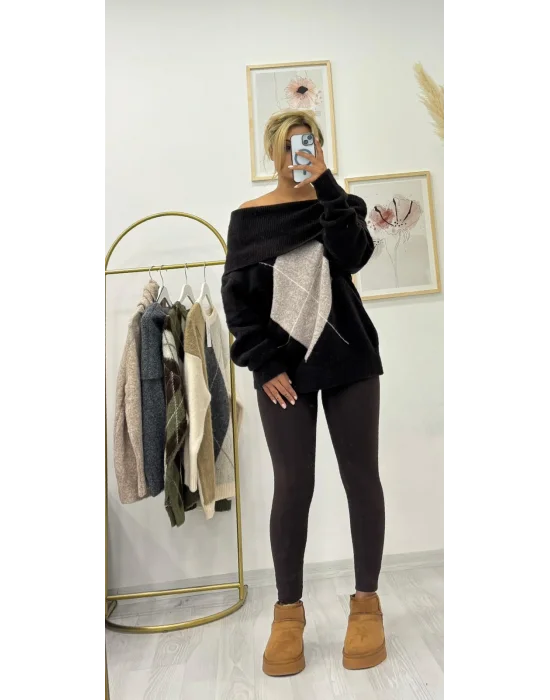 Oversize Düşük Omuzlu Baklava Desenli Triko Kazak - Koyu Kahverengi