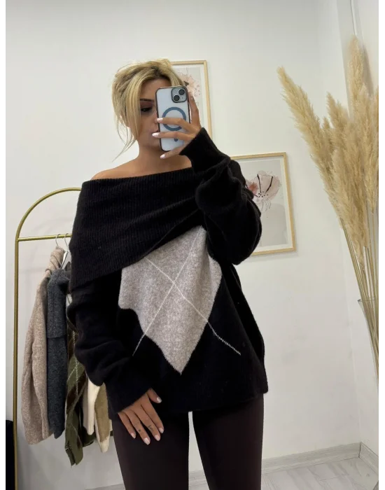 Oversize Düşük Omuzlu Baklava Desenli Triko Kazak - Koyu Kahverengi