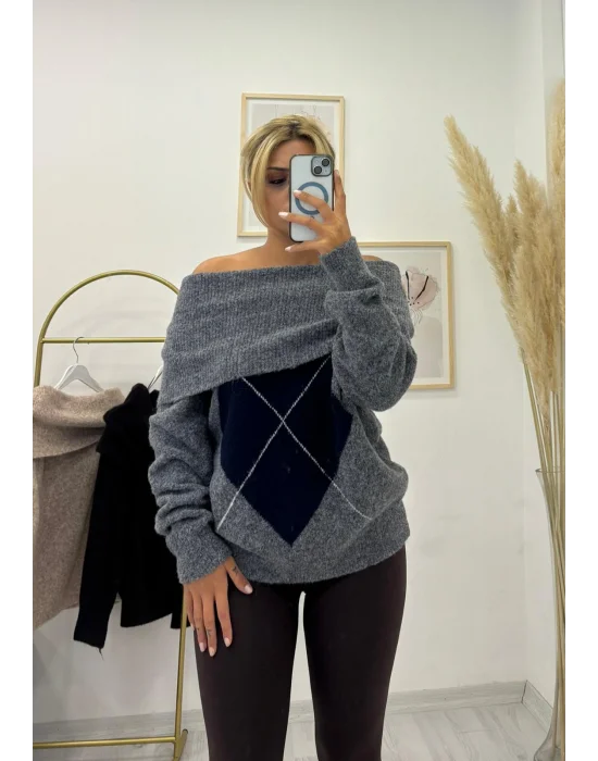 Oversize Düşük Omuzlu Baklava Desenli Triko Kazak - Gri