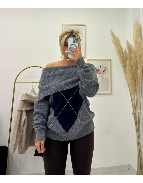 Oversize Düşük Omuzlu Baklava Desenli Triko Kazak - Gri