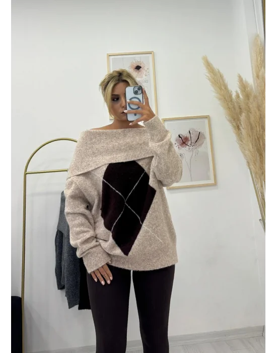 Oversize Düşük Omuzlu Baklava Desenli Triko Kazak - Bej