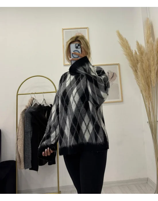 Baklava Desenli Triko Kazak - Siyah/Gri