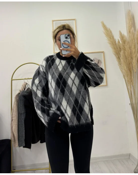 Baklava Desenli Triko Kazak - Siyah/Gri