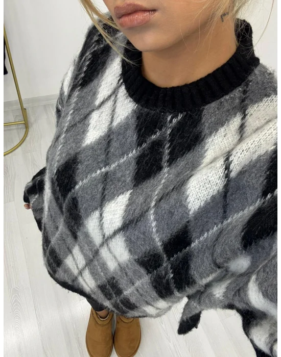 Baklava Desenli Triko Kazak - Siyah/Gri