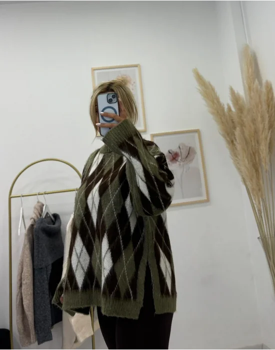 Baklava Desenli Triko Kazak - Haki/Kahve