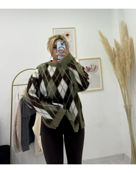 Baklava Desenli Triko Kazak - Haki/Kahve