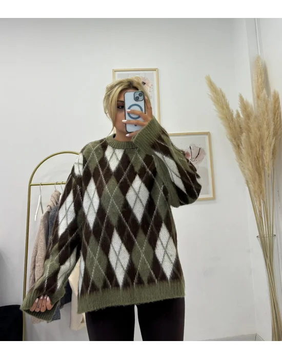 Baklava Desenli Triko Kazak - Haki/Kahve