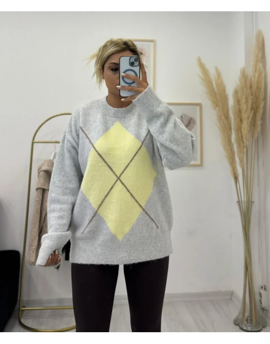 Argyle Desenli Oversize Kazak - Gri/Sarı