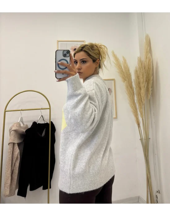 Argyle Desenli Oversize Kazak - Gri/Sarı