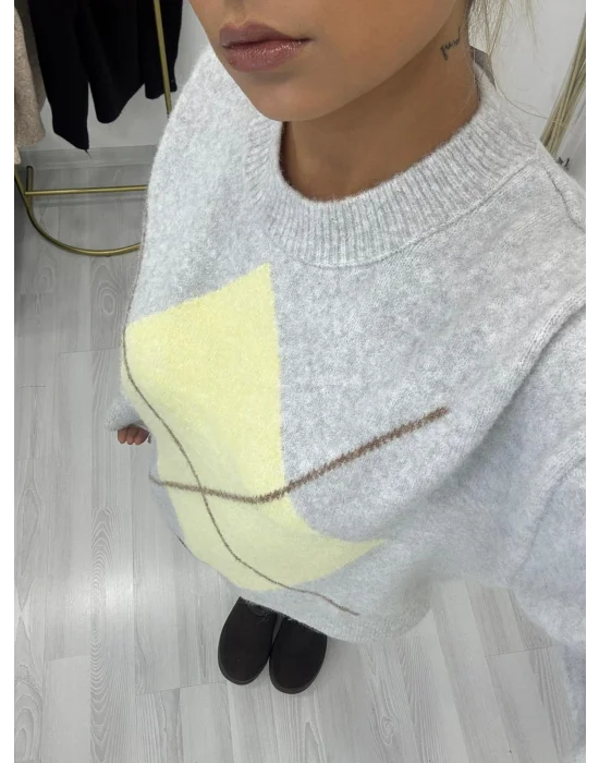 Argyle Desenli Oversize Kazak - Gri/Sarı