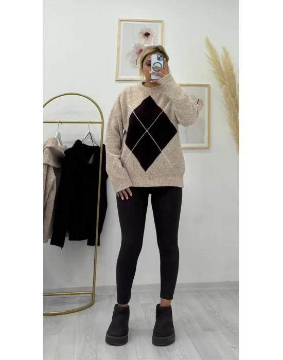 Argyle Desenli Oversize Kazak Bej/Kahverengi