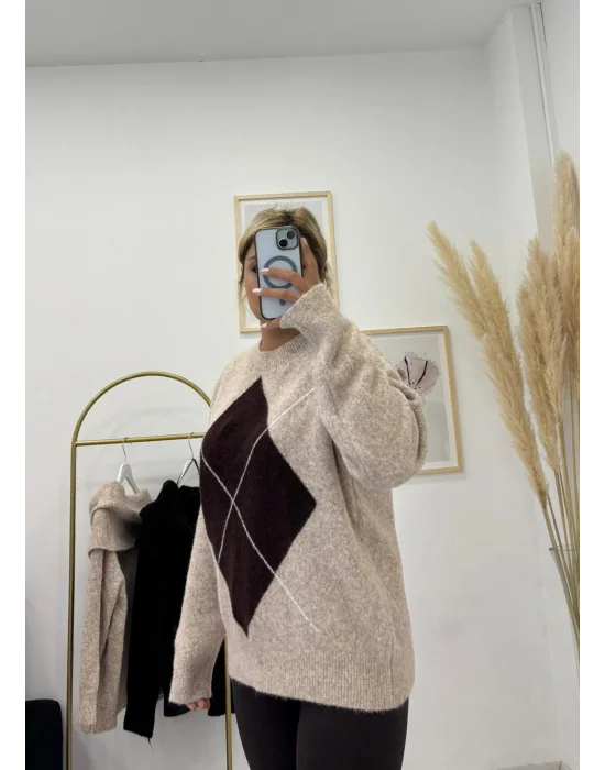 Argyle Desenli Oversize Kazak Bej/Kahverengi