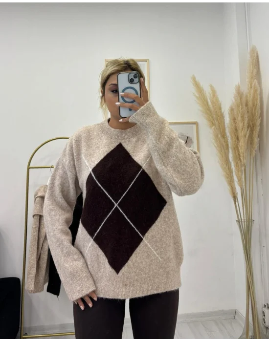 Argyle Desenli Oversize Kazak Bej/Kahverengi