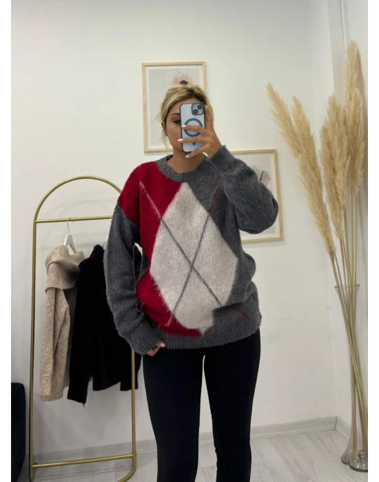 Argyle Desenli Oversize Kazak - Kırmızı/Gri