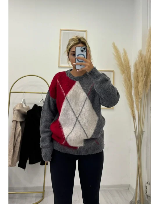 Argyle Desenli Oversize Kazak - Kırmızı/Gri