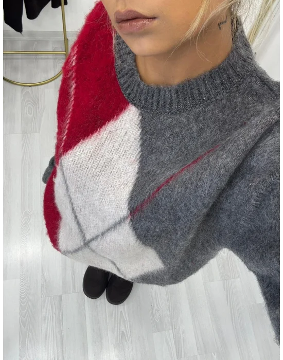 Argyle Desenli Oversize Kazak - Kırmızı/Gri