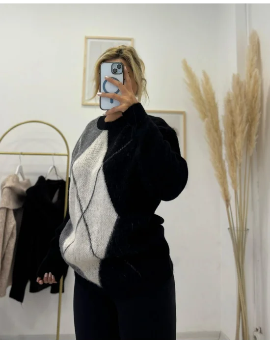 Argyle Desenli Oversize Kazak - Siyah/Gri