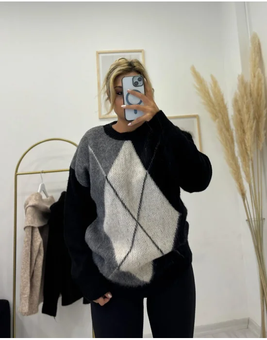 Argyle Desenli Oversize Kazak - Siyah/Gri