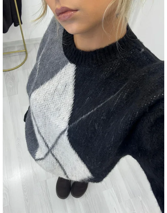 Argyle Desenli Oversize Kazak - Siyah/Gri