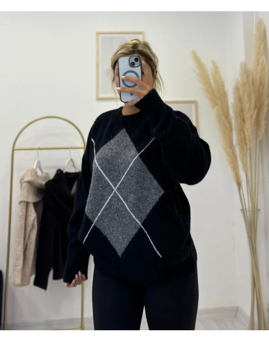 Argyle Desenli Oversize Kazak Siyah/Füme