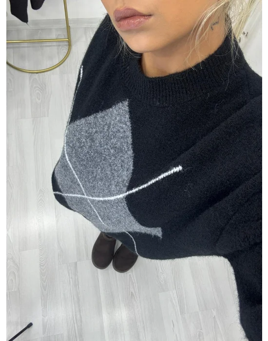 Argyle Desenli Oversize Kazak Siyah/Füme