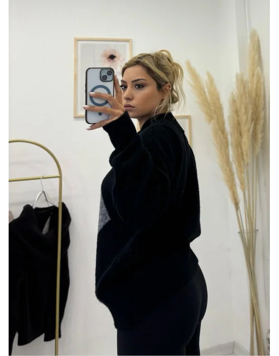 Argyle Desenli Oversize Kazak Siyah/Füme