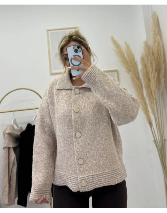 Camel Düğmeli Kalın Triko - Açık Bej