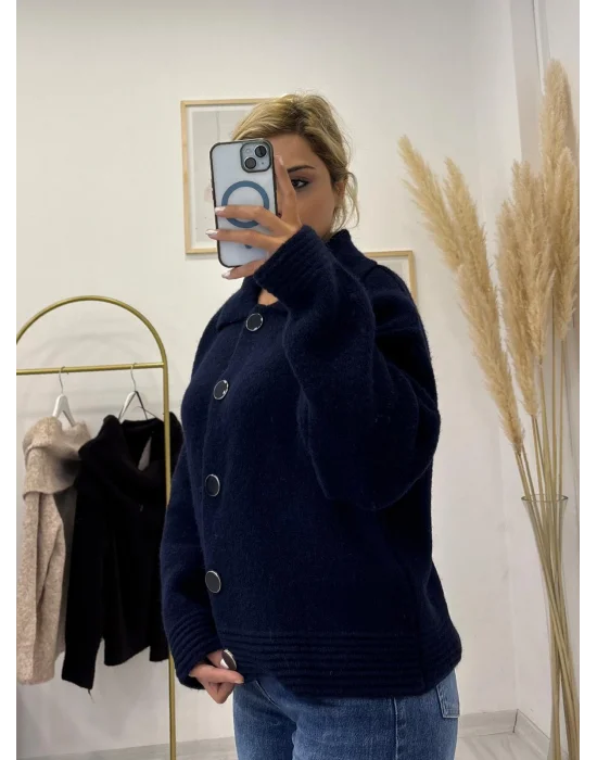 Lacivert Düğmeli Kalın Triko Hırka - Lacivert